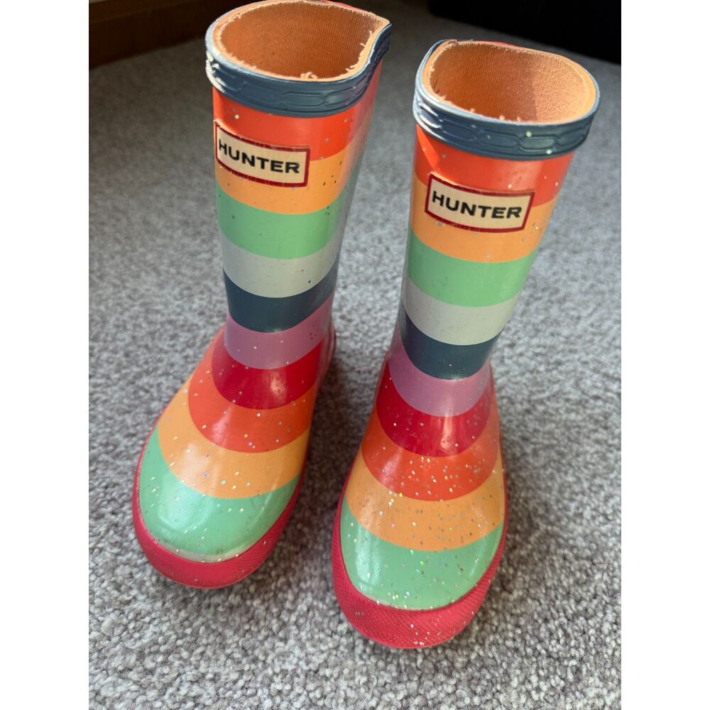 Hunter Rainbow Stripe Boots with Sparkles Kids 9